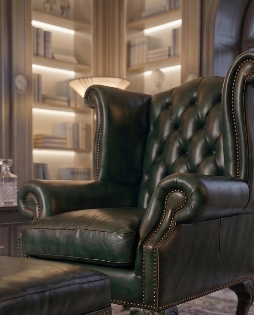 Heritage Emerald Green Leather Wingback Chair & Ottoman Arris Concepts