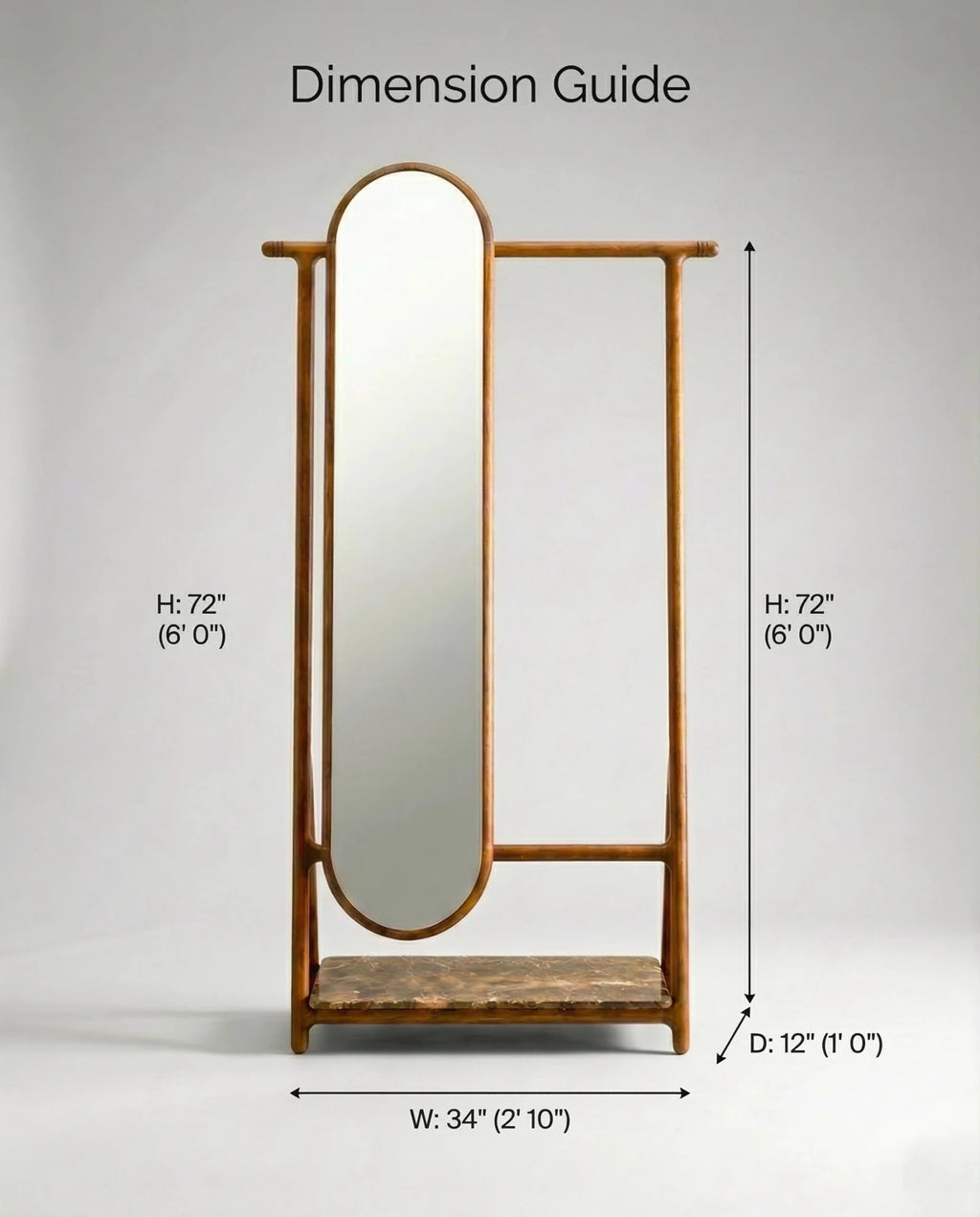 Luxury freestanding solid wood floor mirror with valet by Arris Concepts