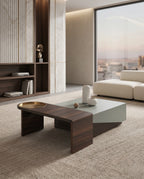 Modern Color-Blocked Walnut & Sage Center Table Arris Concepts