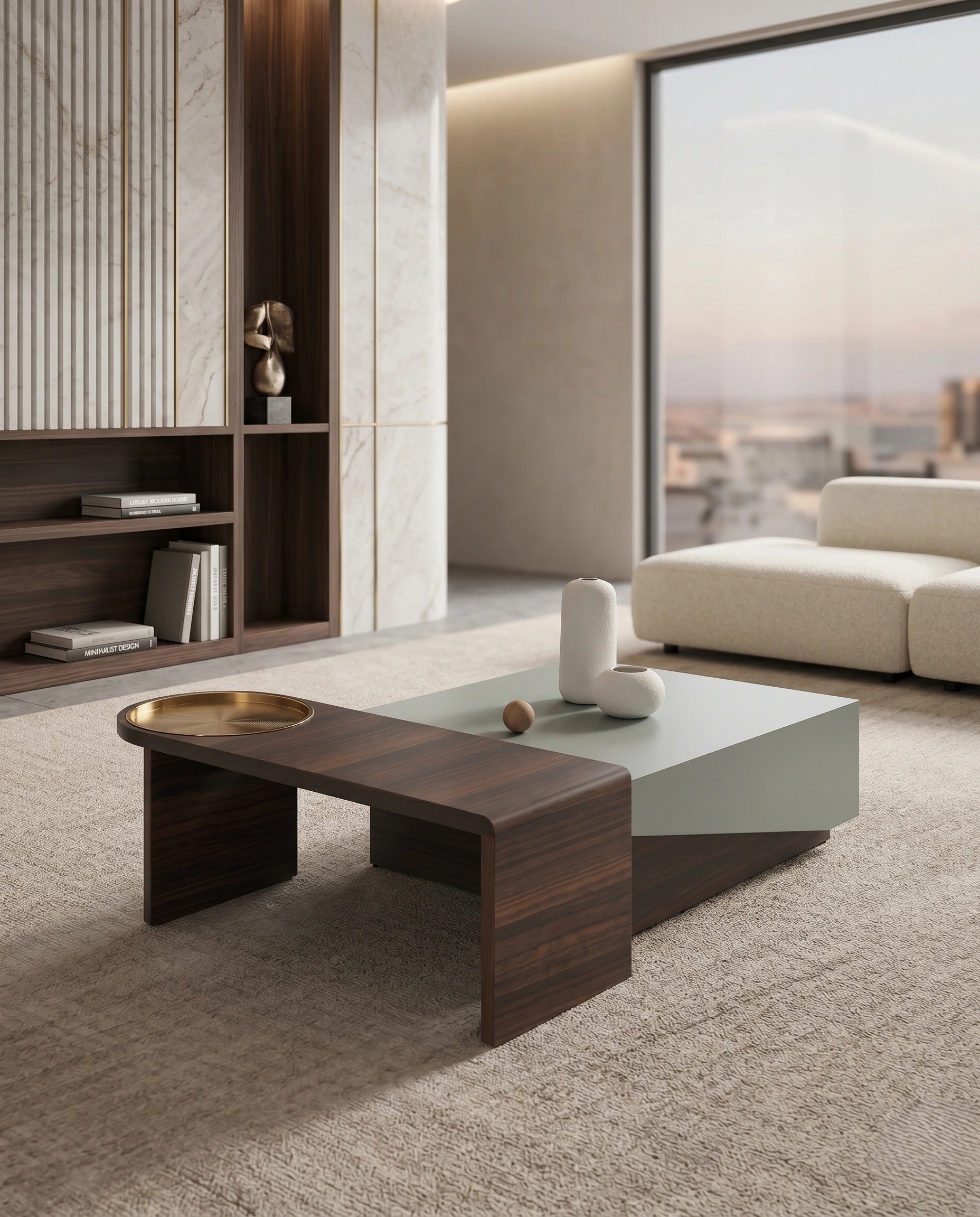 Modern Color-Blocked Walnut & Sage Center Table Arris Concepts