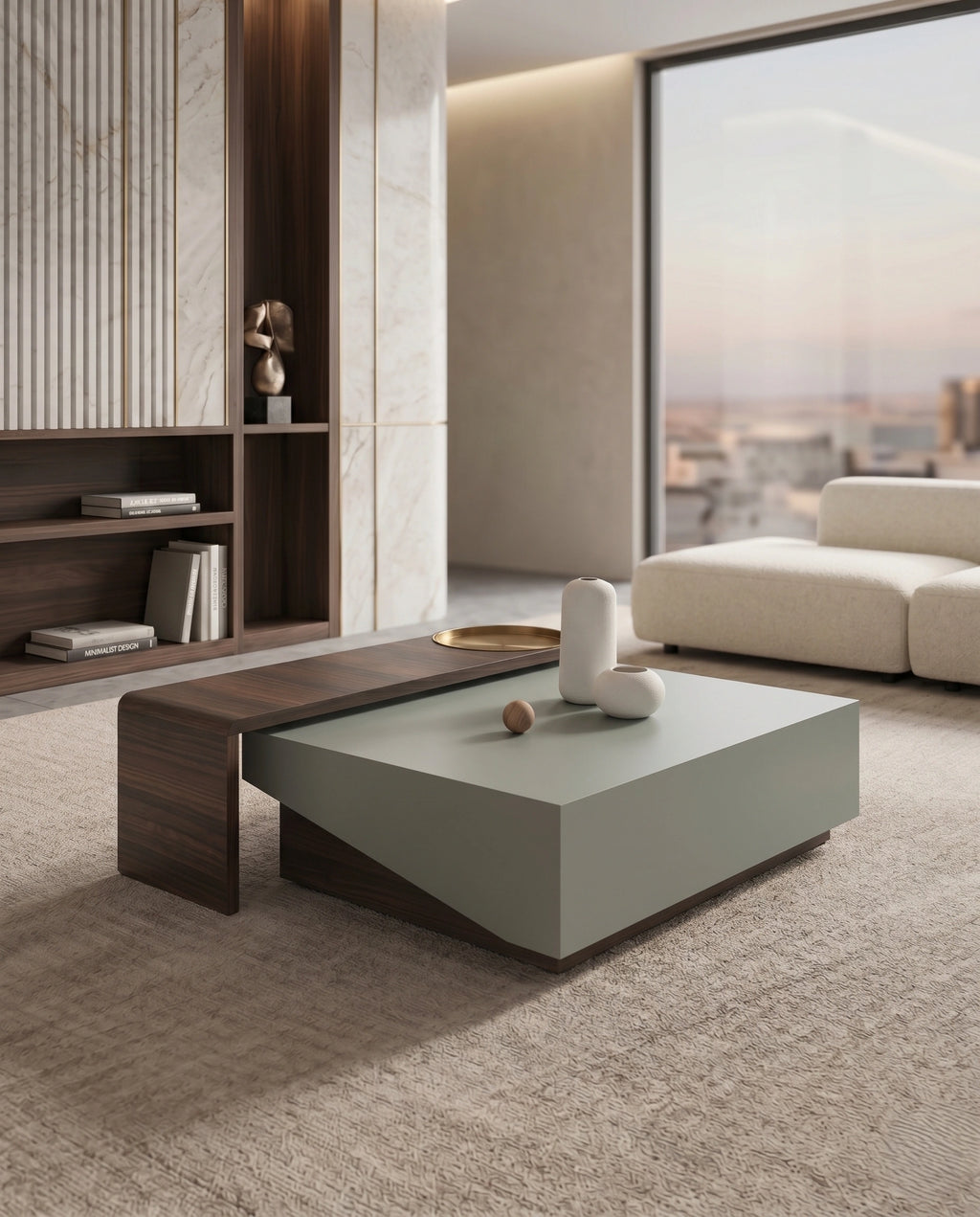 Modern Color-Blocked Walnut & Sage Center Table Arris Concepts