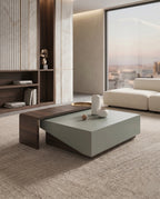 Modern Color-Blocked Walnut & Sage Center Table Arris Concepts