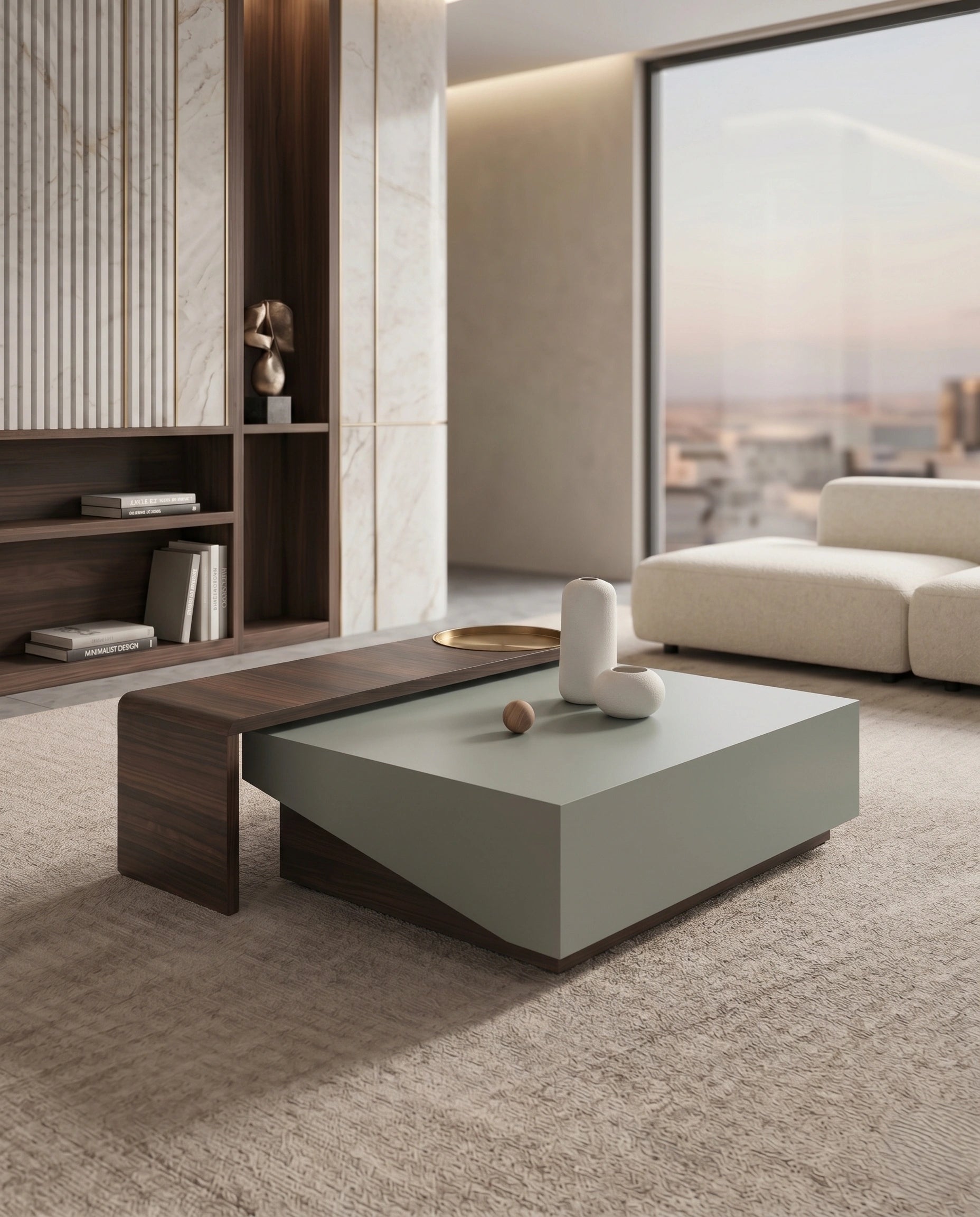 Modern Color-Blocked Walnut & Sage Center Table Arris Concepts