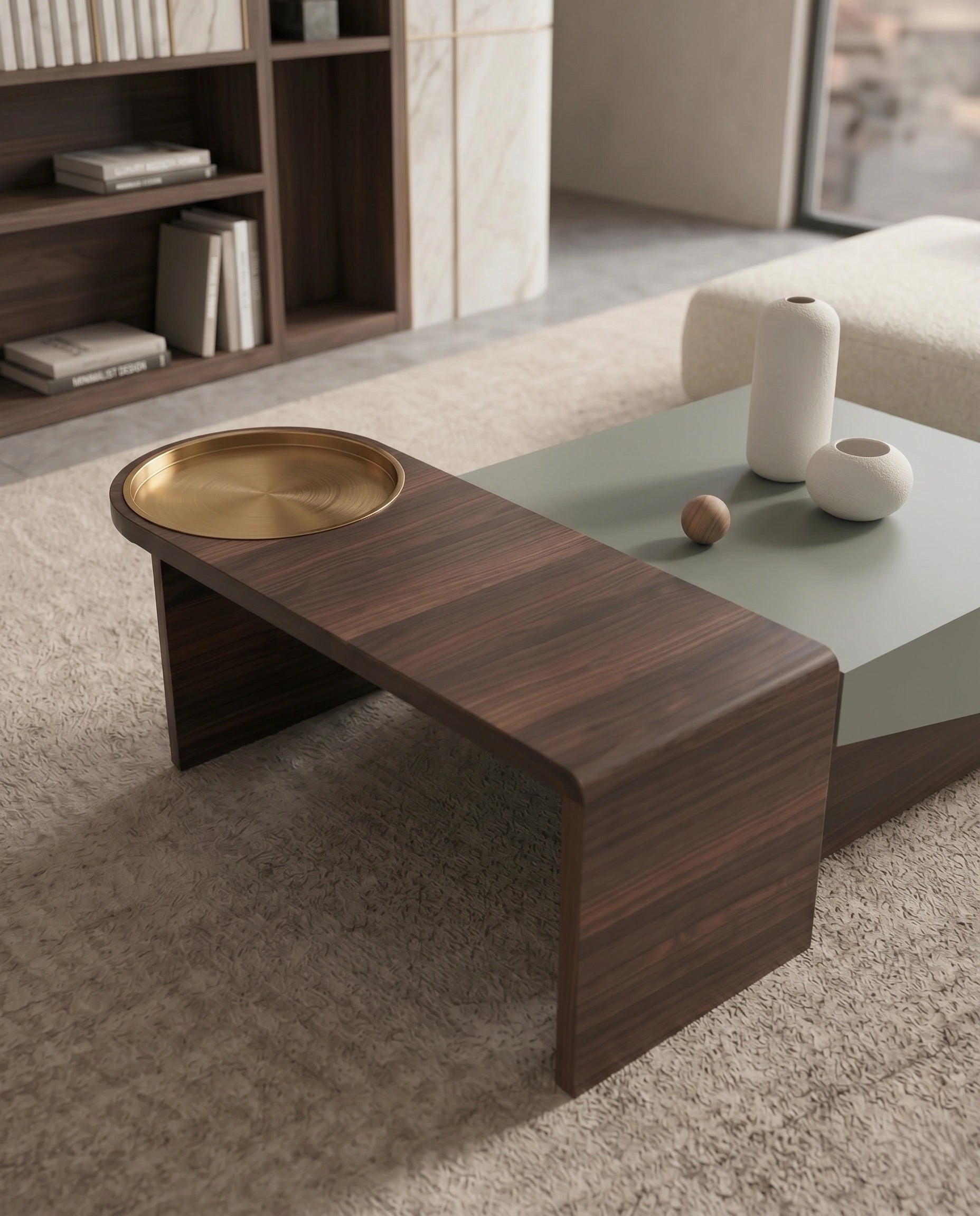 Modern Color-Blocked Walnut & Sage Center Table Arris Concepts