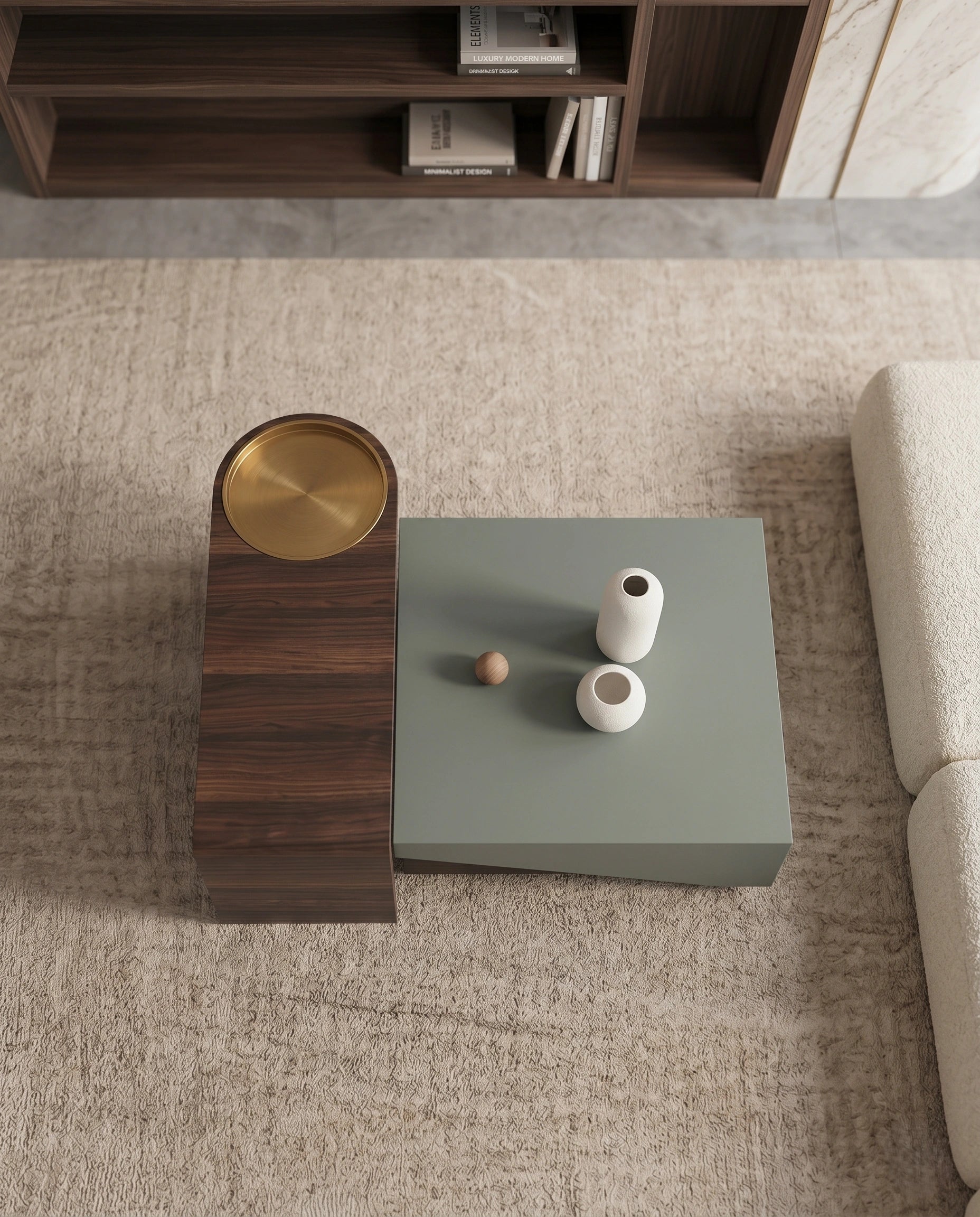 Modern Color-Blocked Walnut & Sage Center Table Arris Concepts