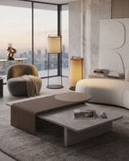 Modern Slatted Walnut & Concrete Asymmetrical Center Table Arris Concepts