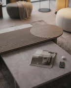 Modern Slatted Walnut & Concrete Asymmetrical Center Table Arris Concepts