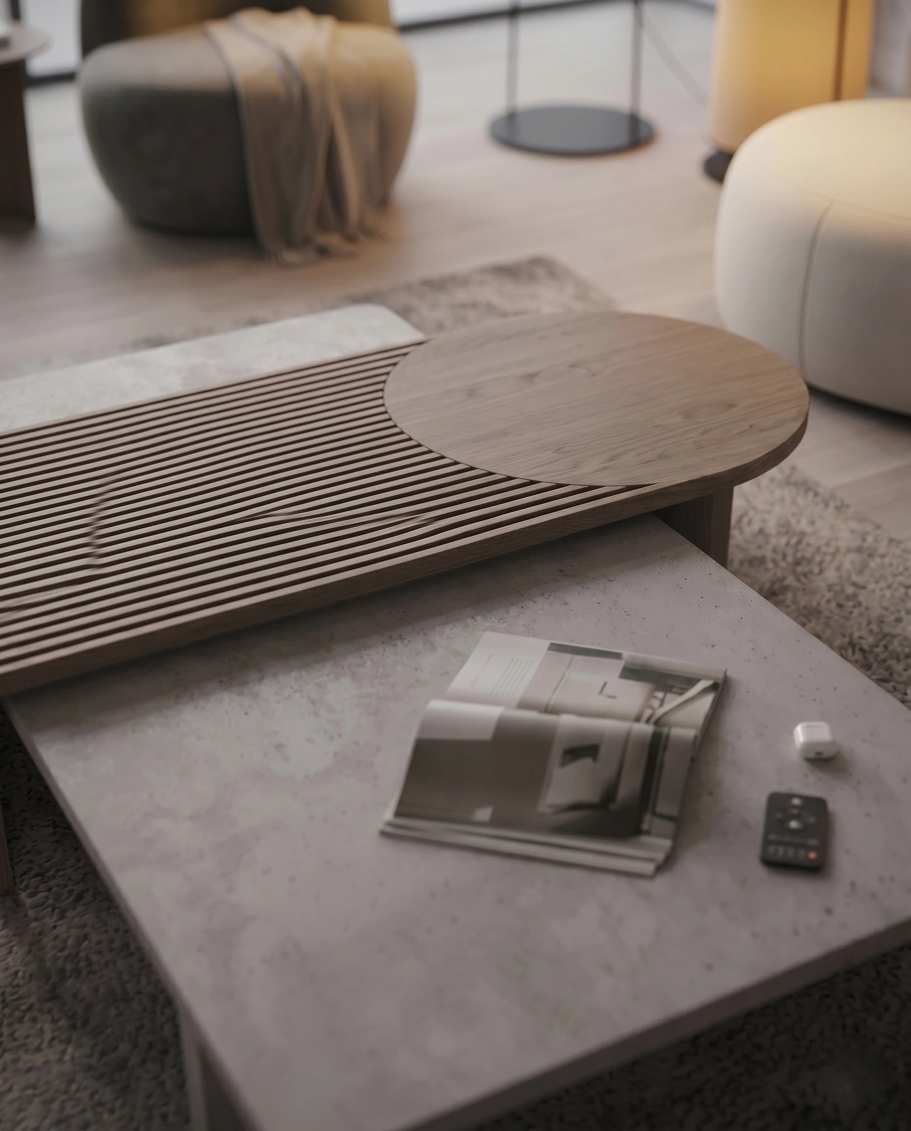 Modern Slatted Walnut & Concrete Asymmetrical Center Table Arris Concepts