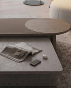 Modern Slatted Walnut & Concrete Asymmetrical Center Table Arris Concepts