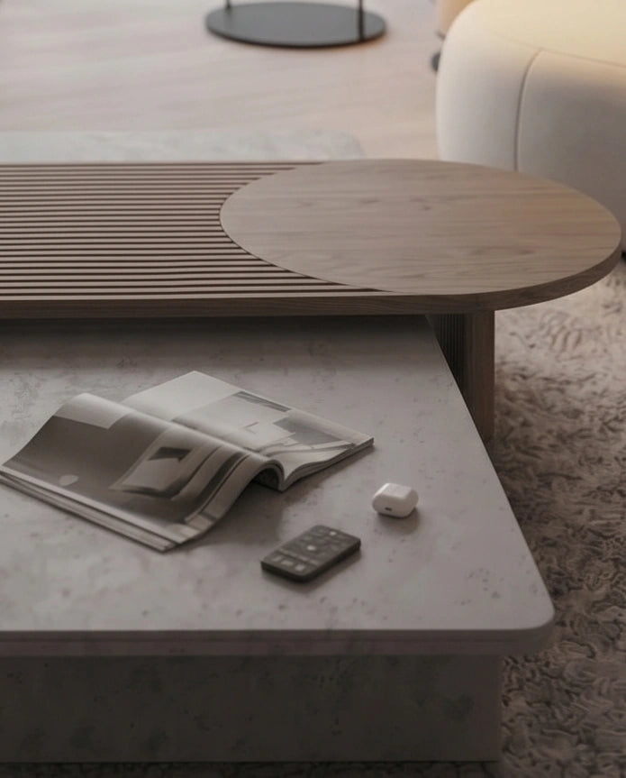 Modern Slatted Walnut & Concrete Asymmetrical Center Table Arris Concepts
