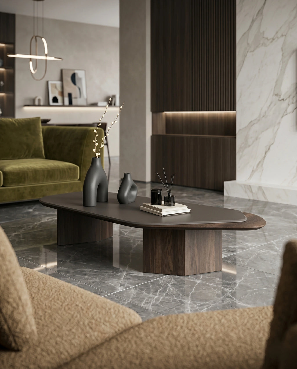 Organic Layered Wood & Taupe Asymmetrical Center Table Arris Concepts