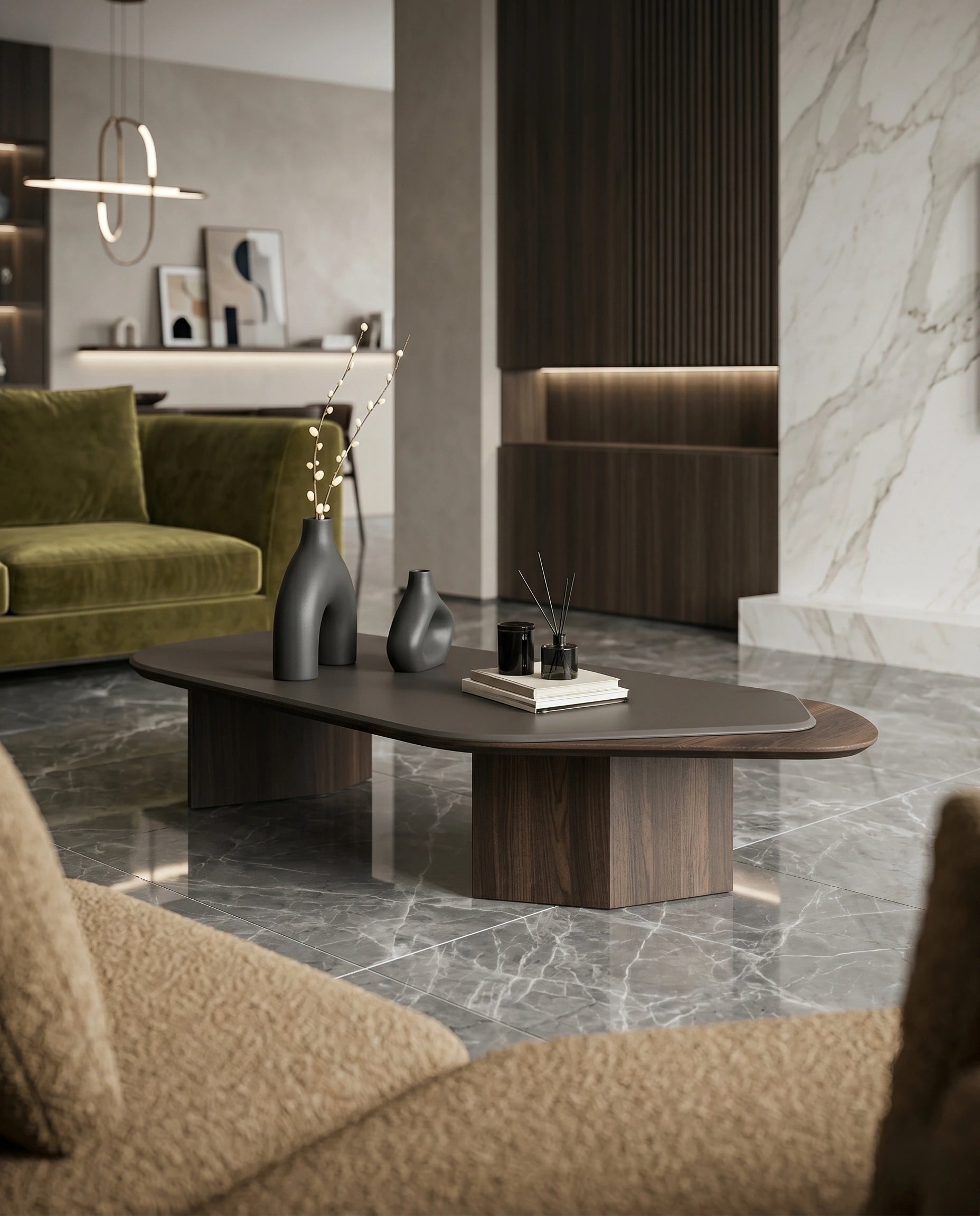 Organic Layered Wood & Taupe Asymmetrical Center Table Arris Concepts