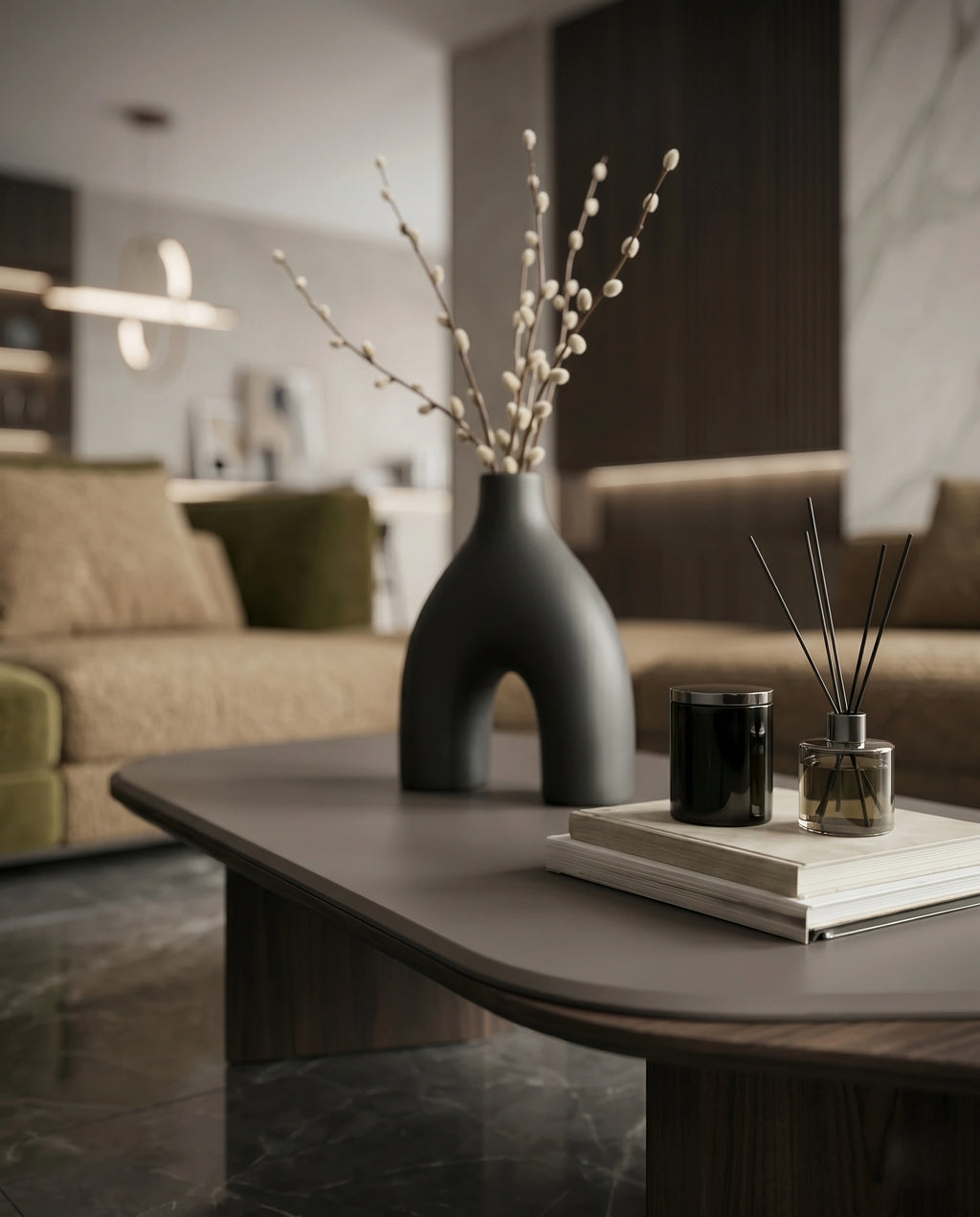 Organic Layered Wood & Taupe Asymmetrical Center Table Arris Concepts