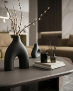 Organic Layered Wood & Taupe Asymmetrical Center Table Arris Concepts