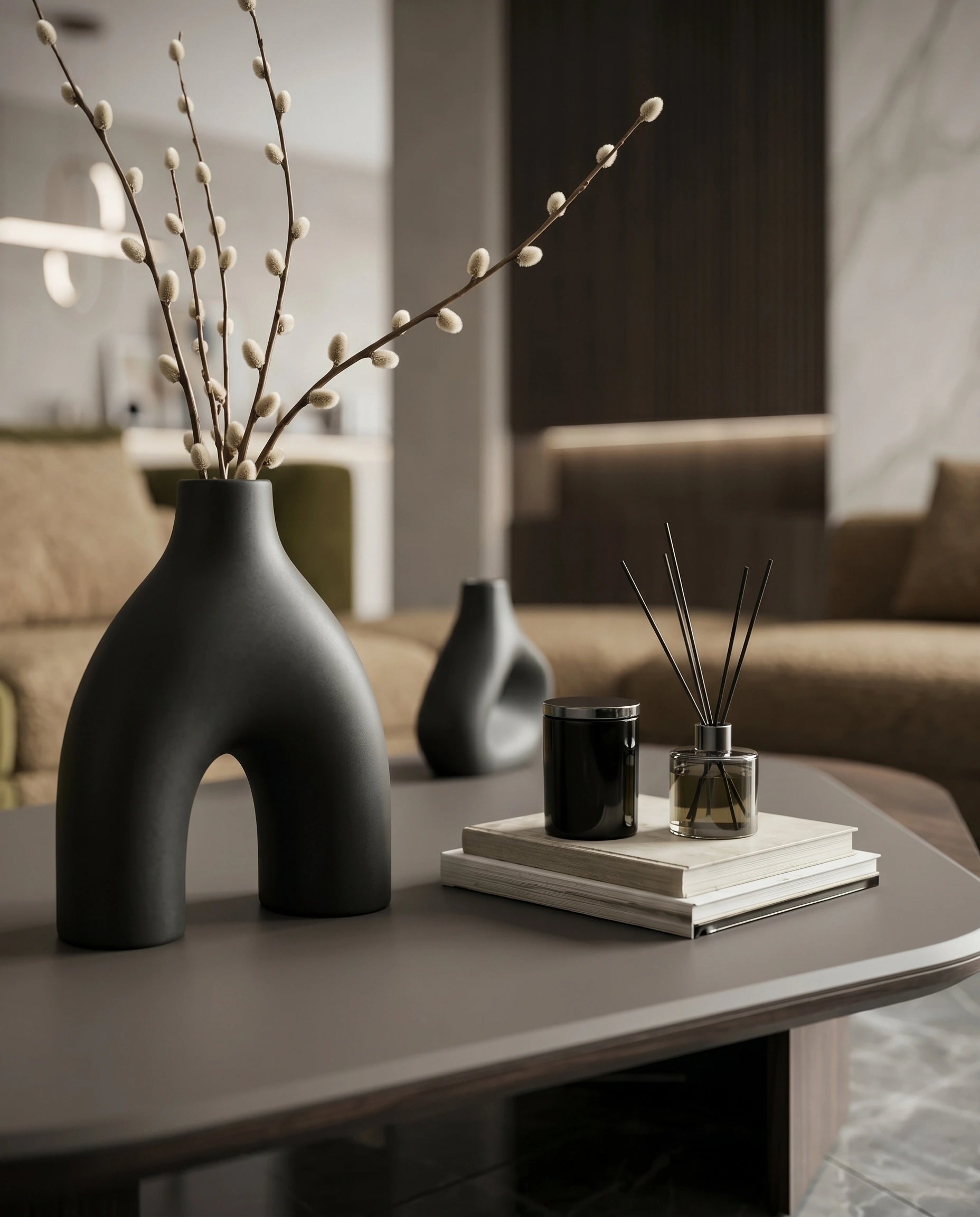 Organic Layered Wood & Taupe Asymmetrical Center Table Arris Concepts