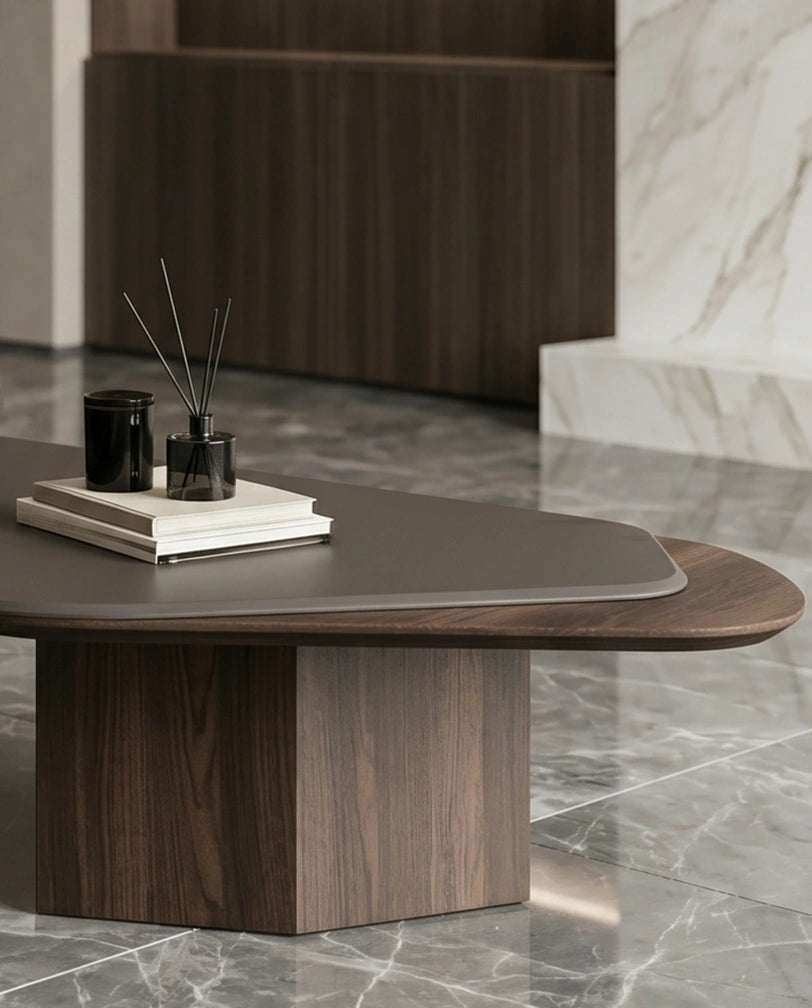 Organic Layered Wood & Taupe Asymmetrical Center Table Arris Concepts