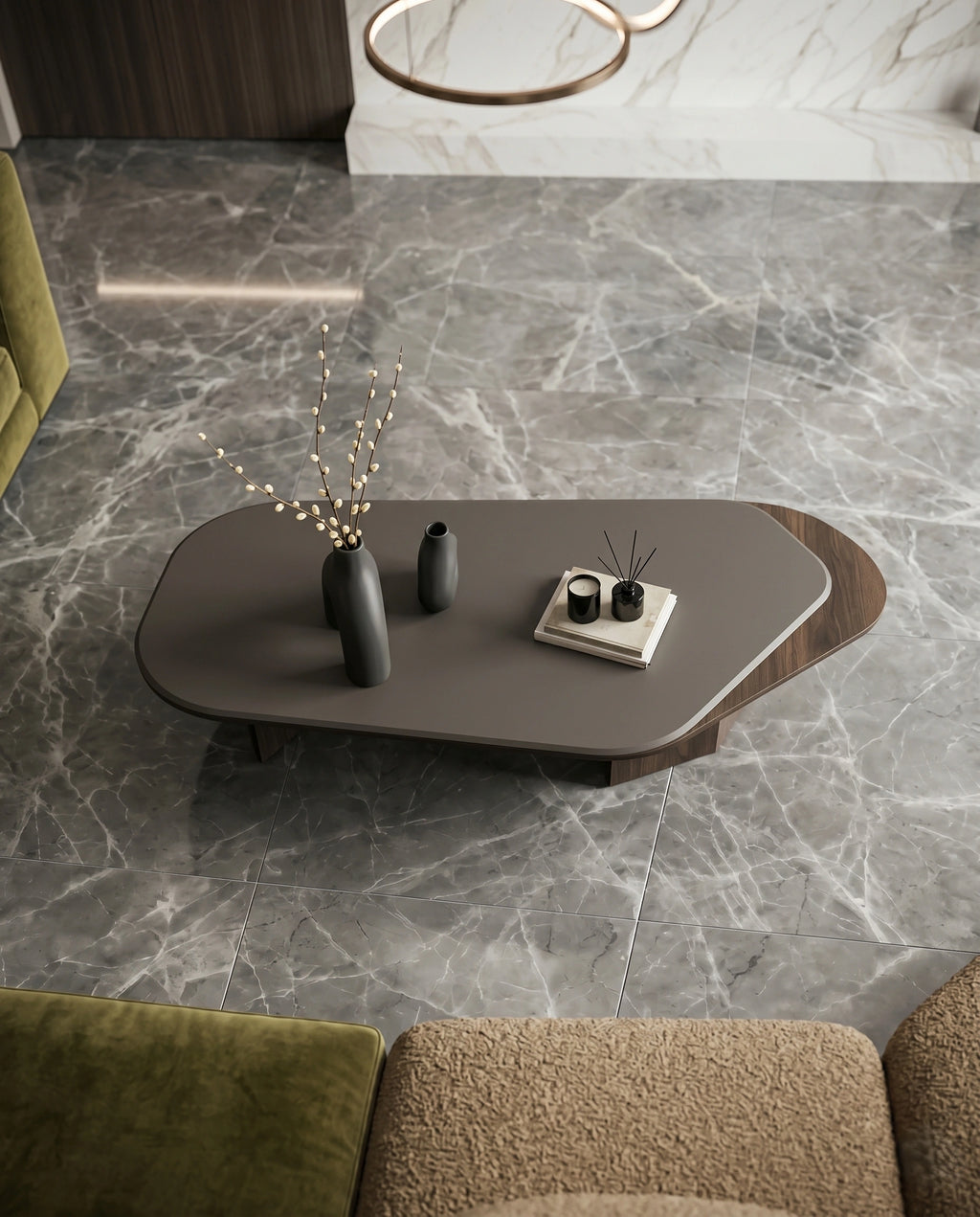 Organic Layered Wood & Taupe Asymmetrical Center Table Arris Concepts