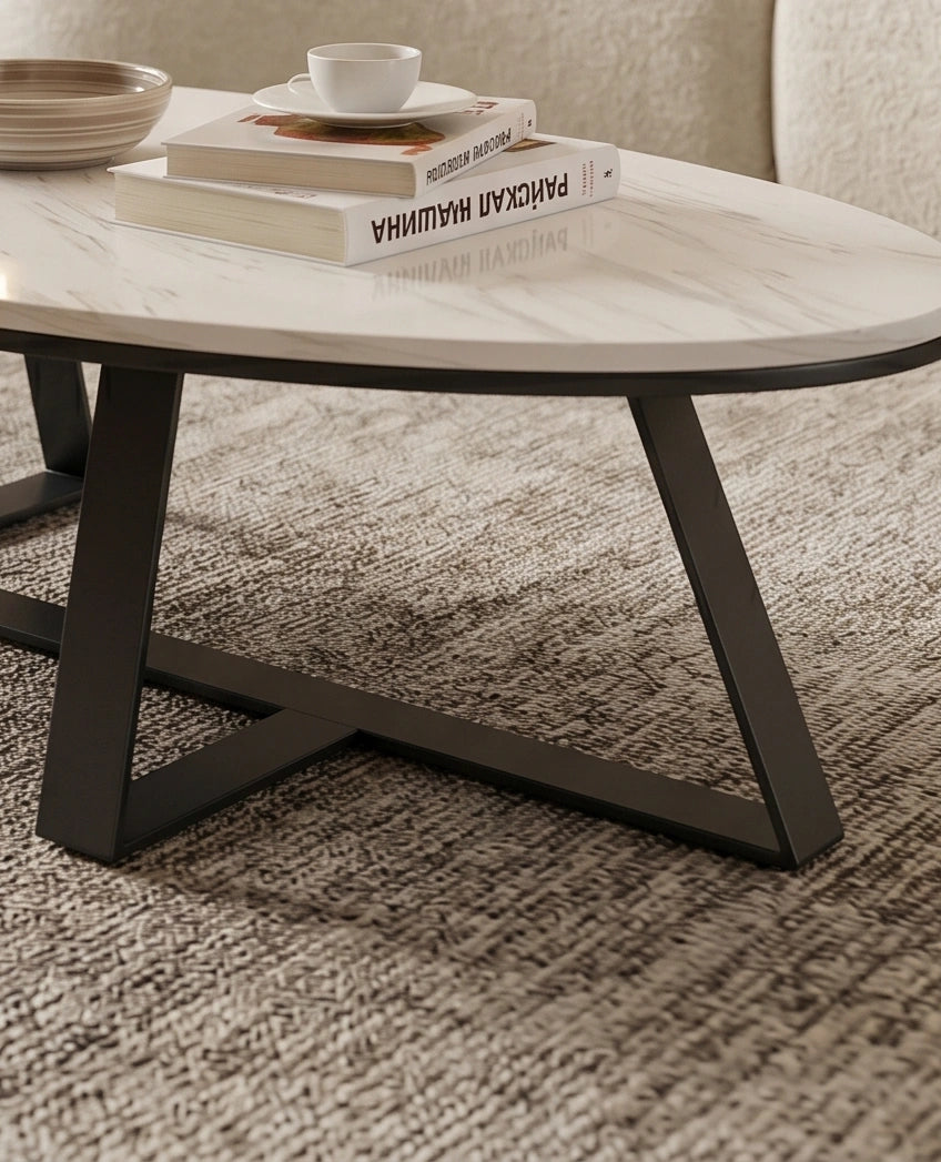 Architectural Round White Marble & Black Metal Center Table Arris Concepts