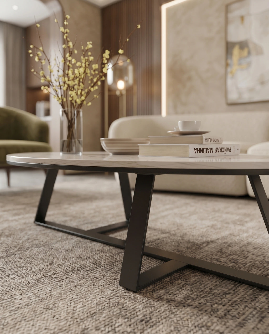 Architectural Round White Marble & Black Metal Center Table Arris Concepts