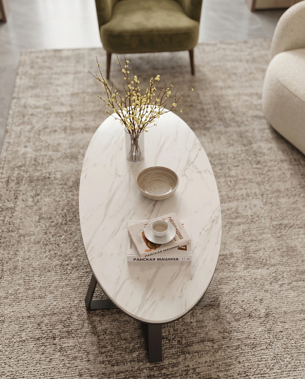 Architectural Round White Marble & Black Metal Center Table Arris Concepts
