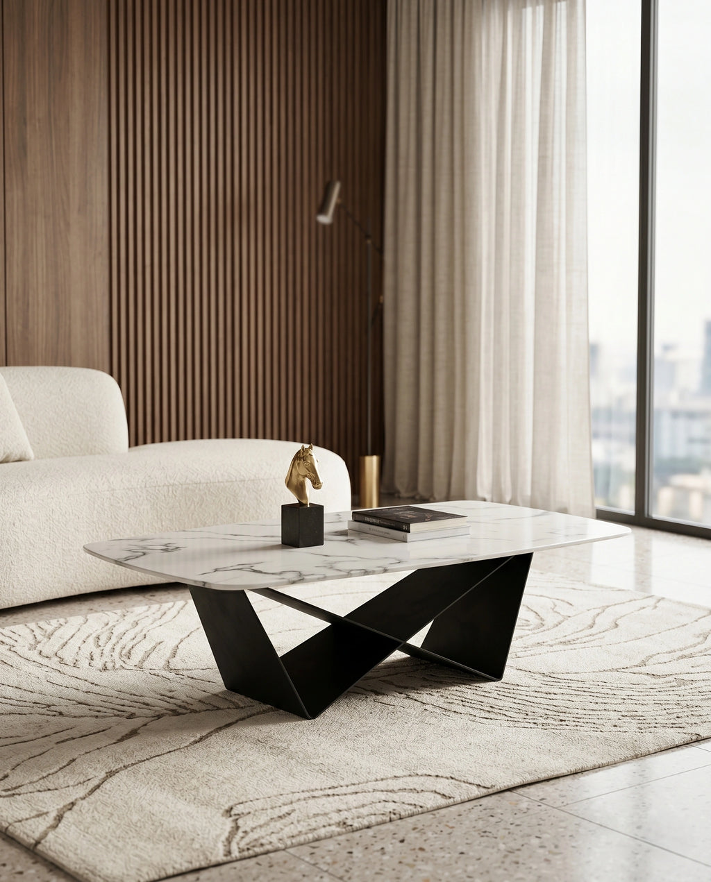 Sculptural X-Base White Marble Center Table Arris Concepts