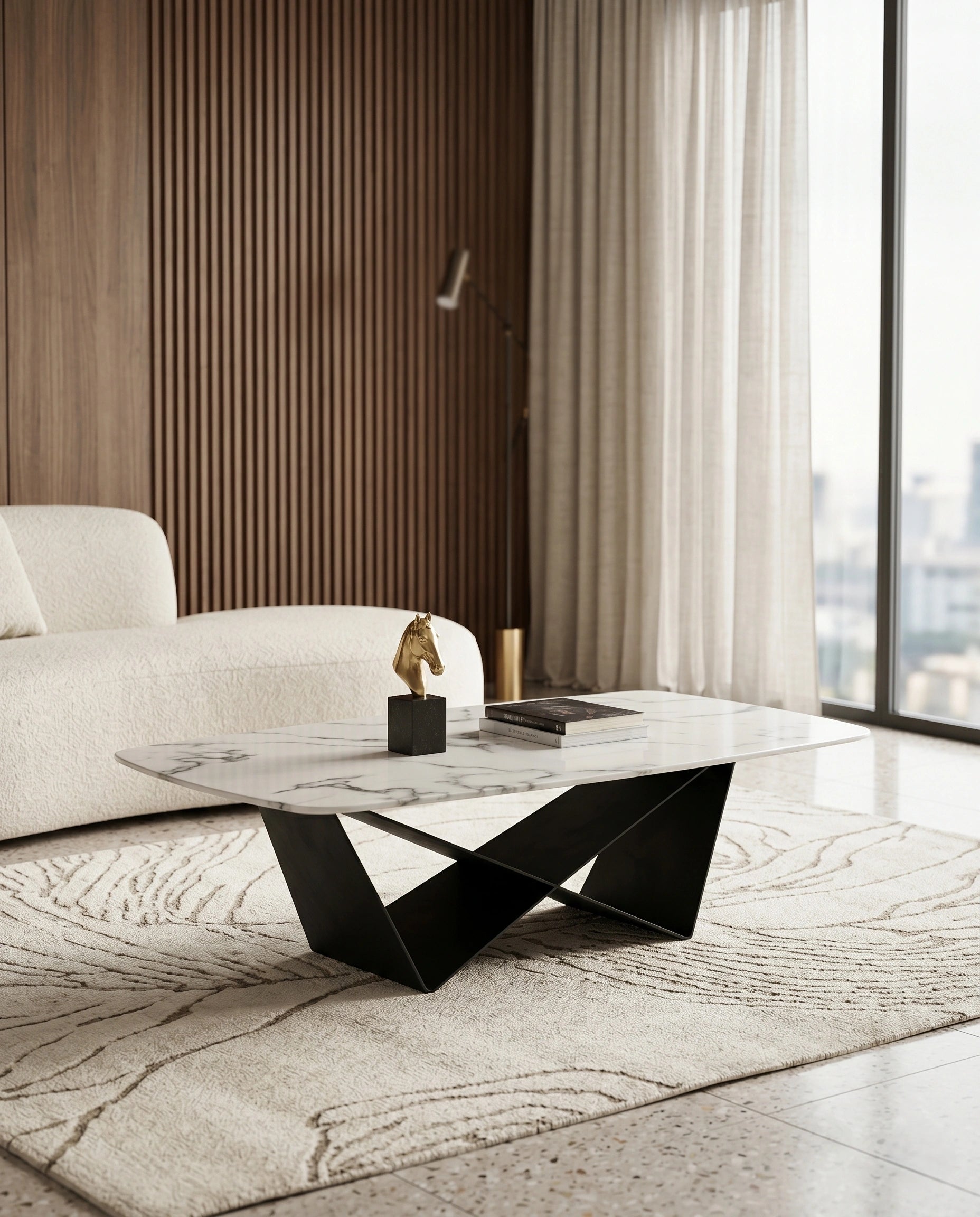 Sculptural X-Base White Marble Center Table Arris Concepts