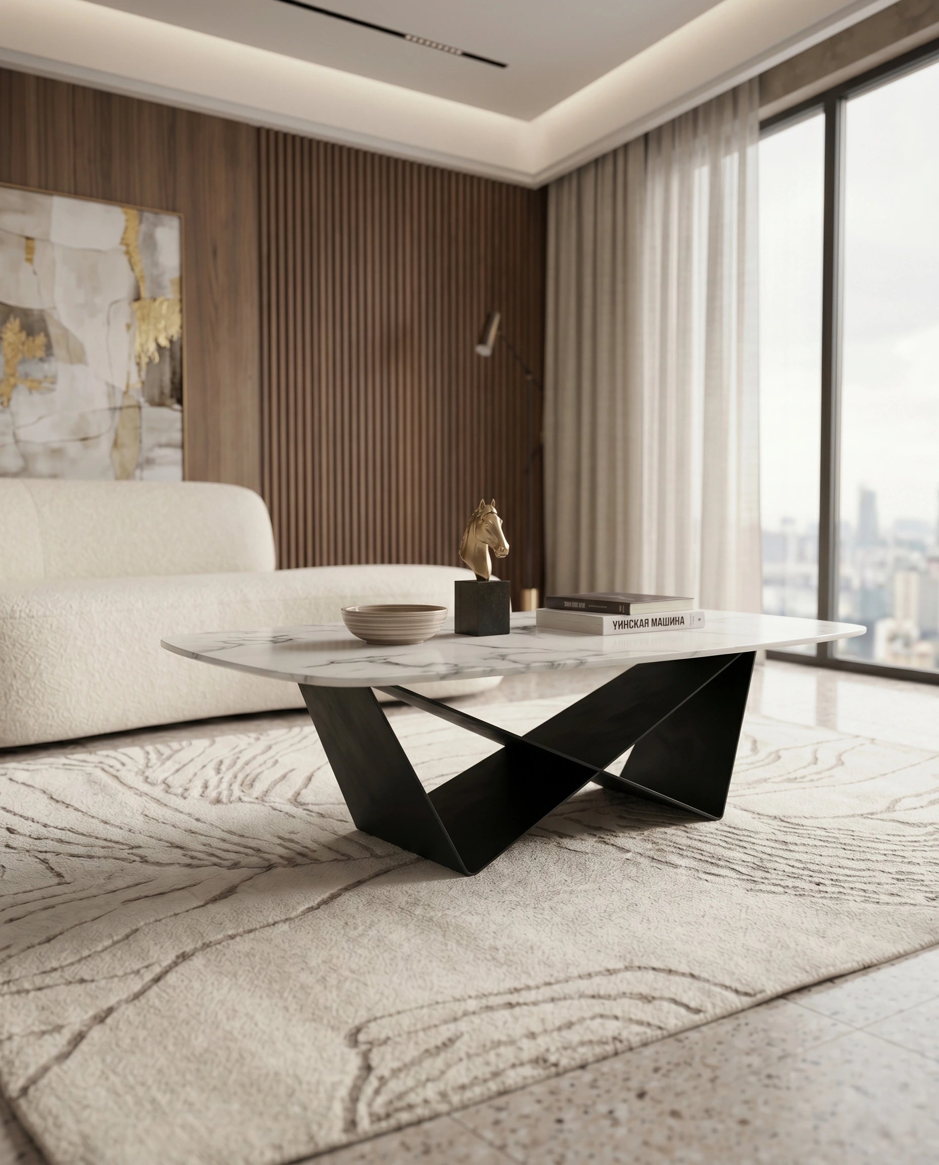 Sculptural X-Base White Marble Center Table Arris Concepts