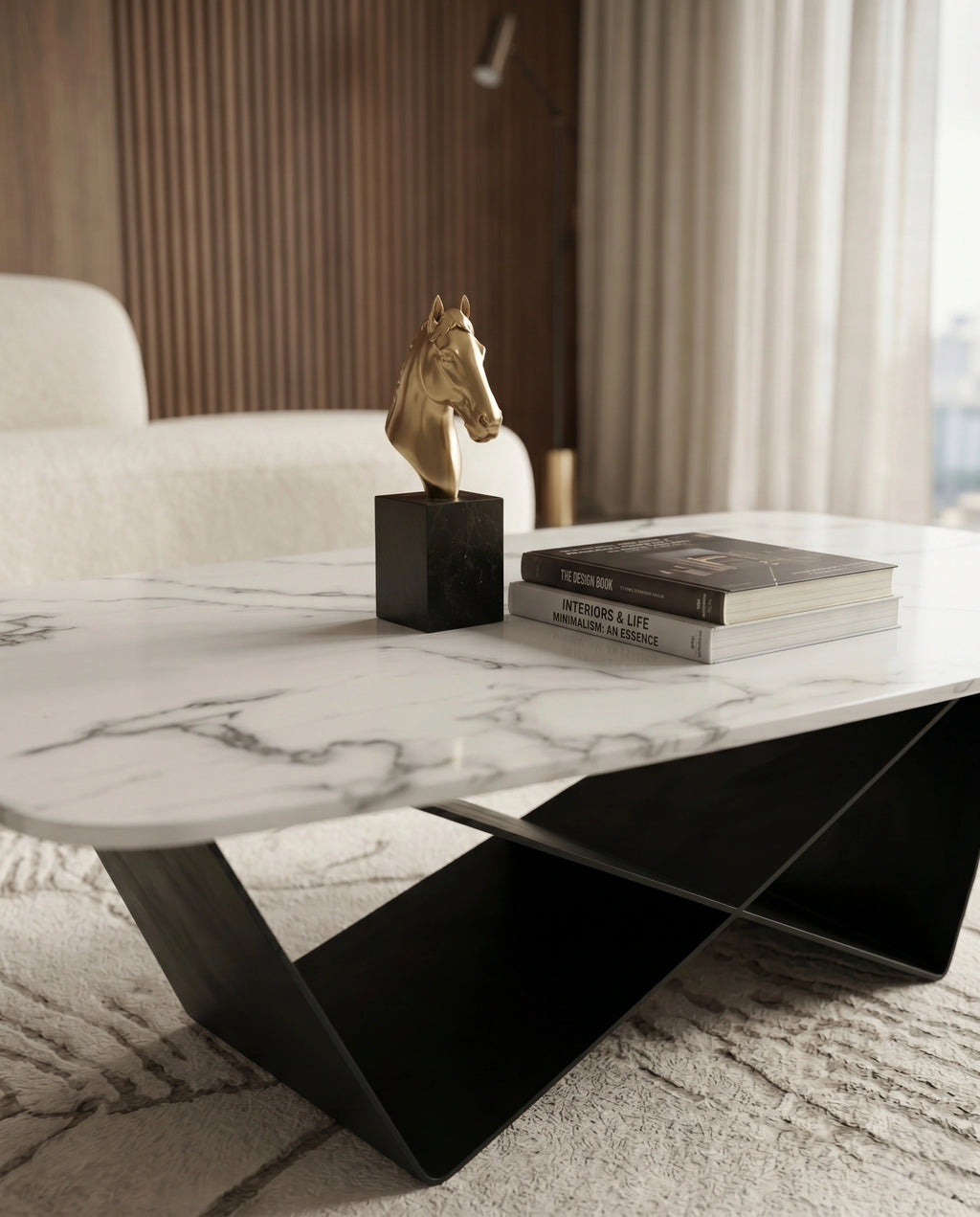 Sculptural X-Base White Marble Center Table Arris Concepts
