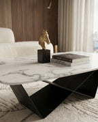 Sculptural X-Base White Marble Center Table Arris Concepts