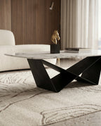 Sculptural X-Base White Marble Center Table Arris Concepts