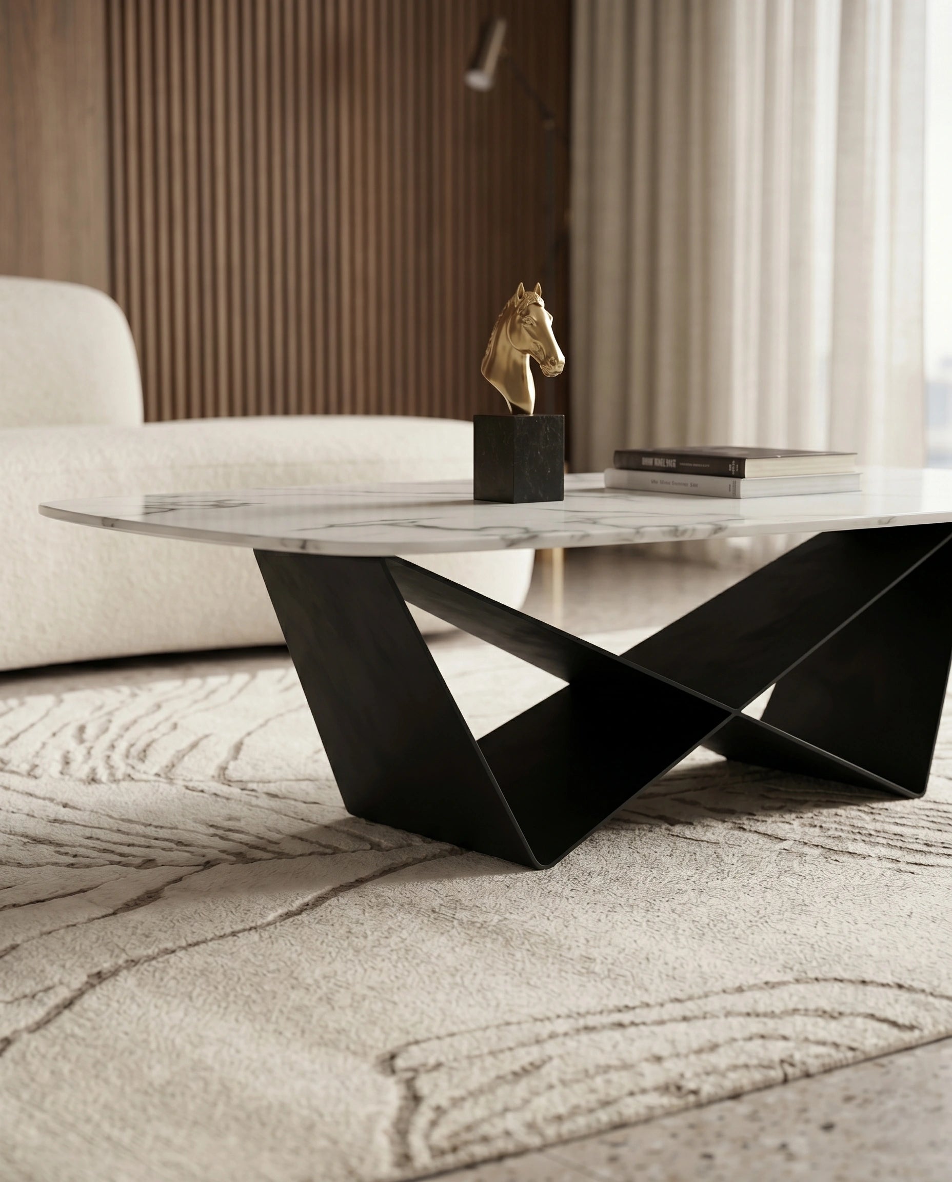 Sculptural X-Base White Marble Center Table Arris Concepts