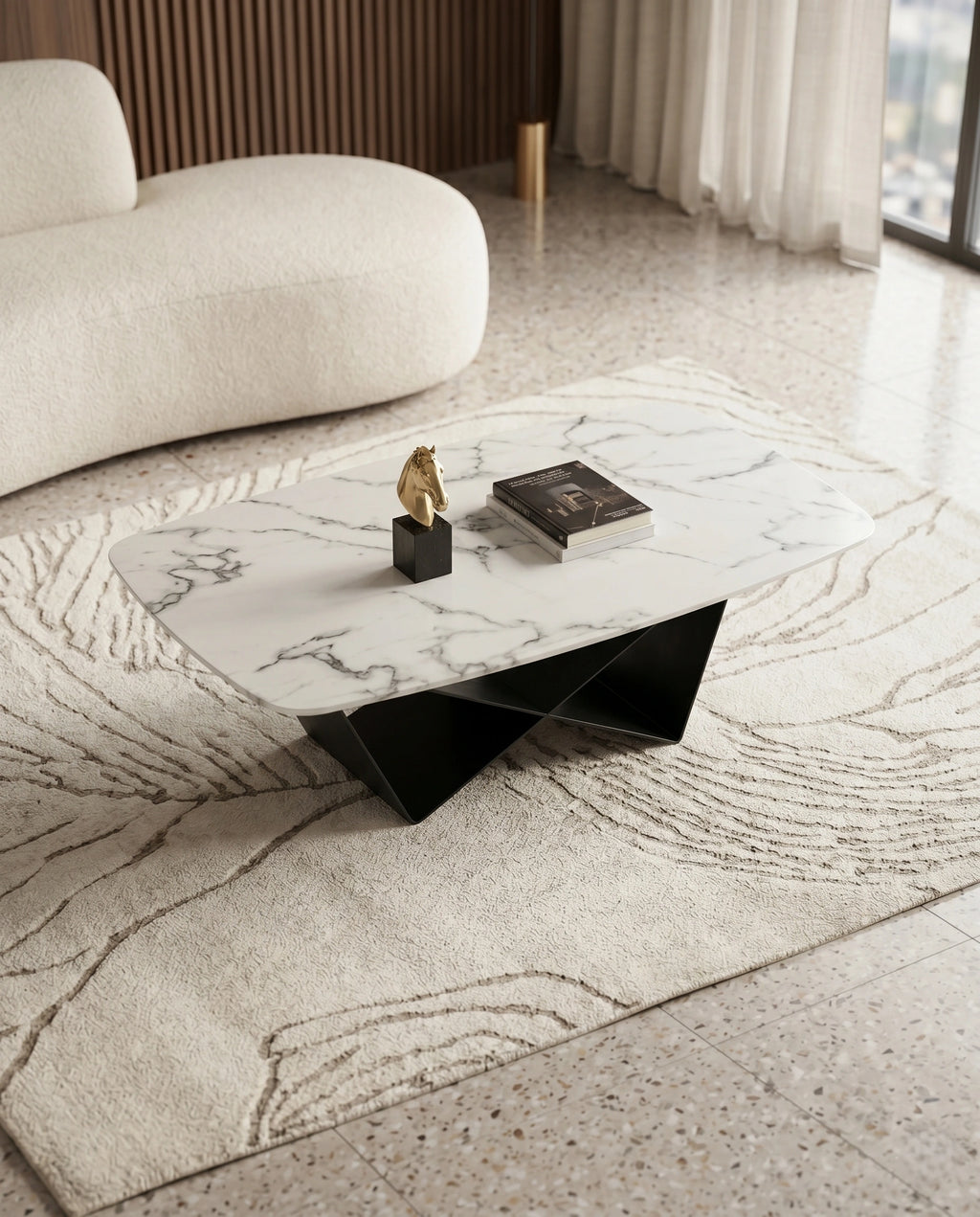 Sculptural X-Base White Marble Center Table Arris Concepts