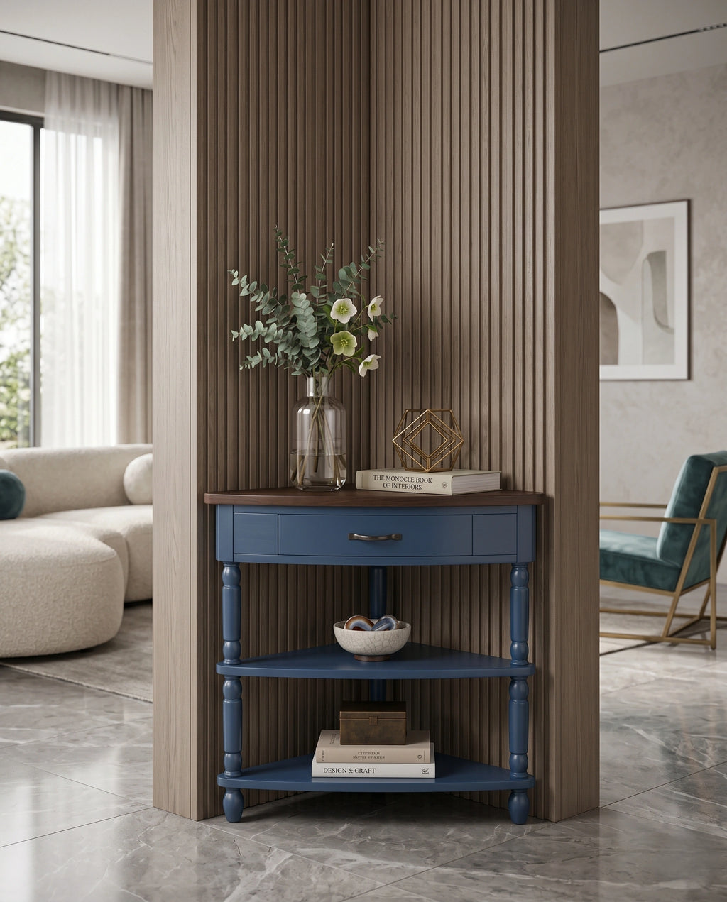 Classic Two-Tone Navy Blue Corner Side Table Arris Concepts