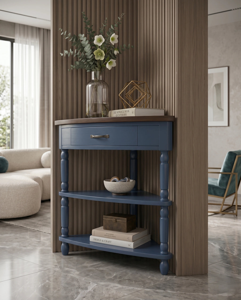 Classic Two-Tone Navy Blue Corner Side Table Arris Concepts