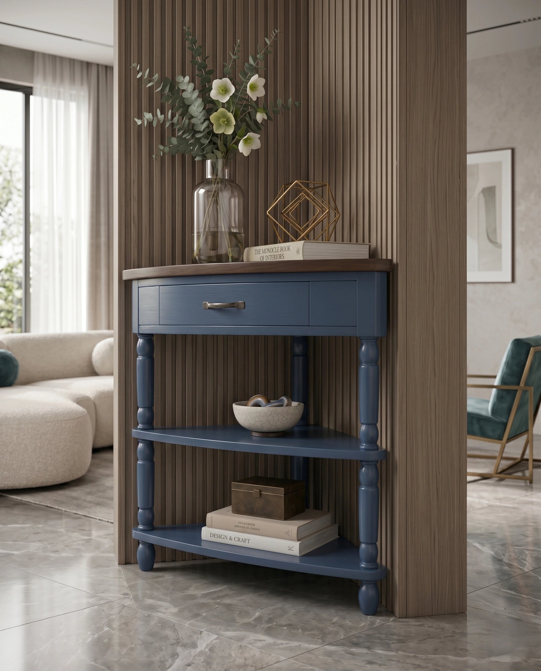 Classic Two-Tone Navy Blue Corner Side Table Arris Concepts
