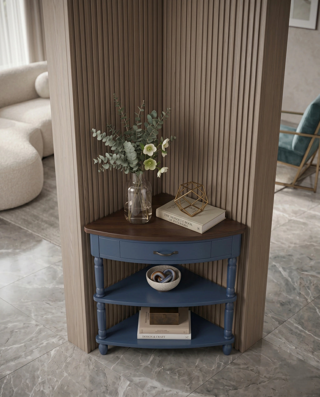Classic Two-Tone Navy Blue Corner Side Table Arris Concepts