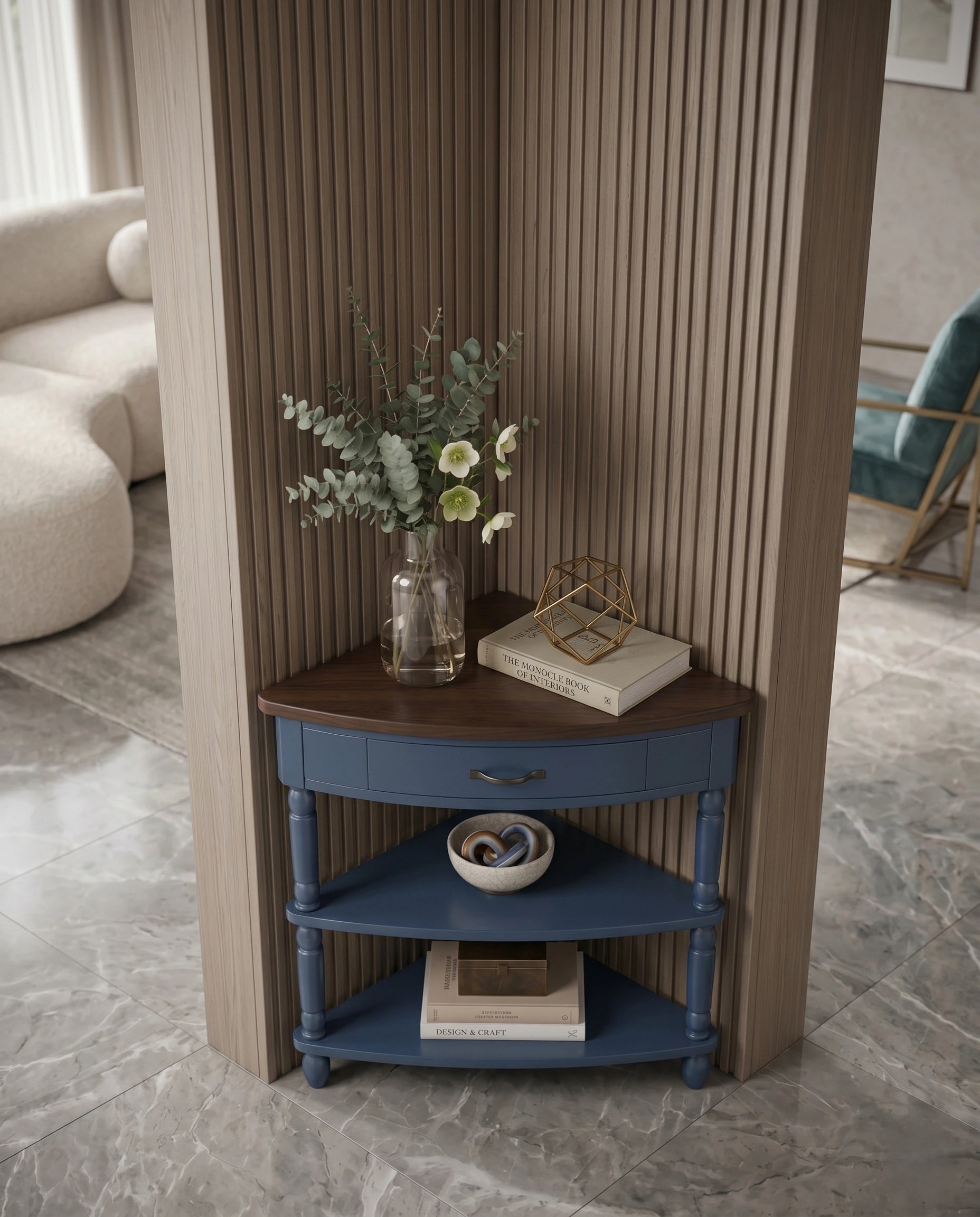 Classic Two-Tone Navy Blue Corner Side Table Arris Concepts