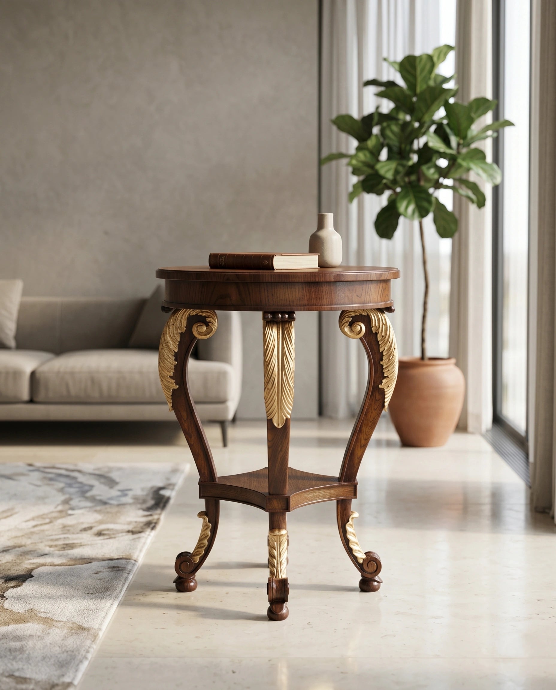 Heritage Walnut & Gold Leaf Round Corner Table Arris Concepts