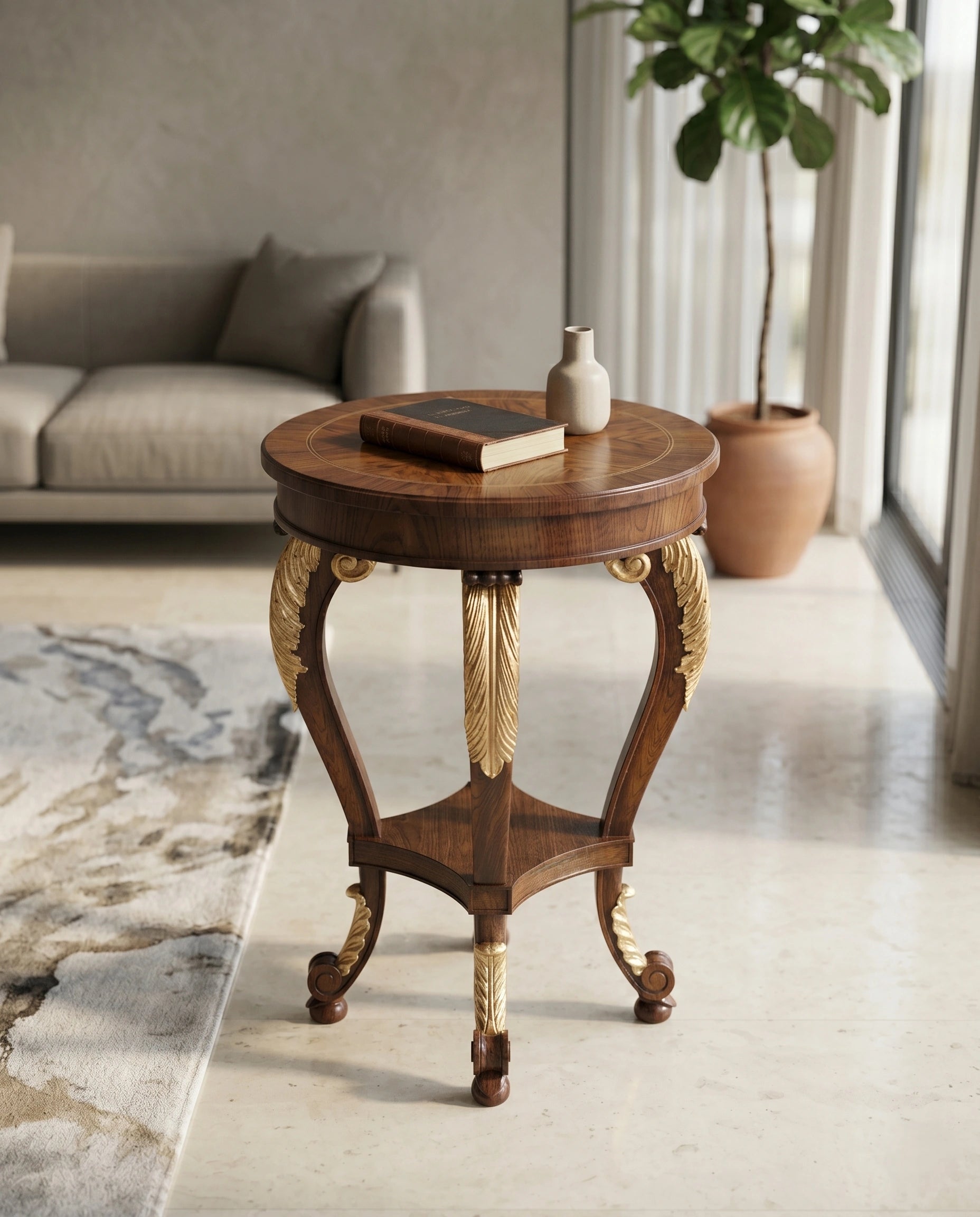 Heritage Walnut & Gold Leaf Round Corner Table Arris Concepts