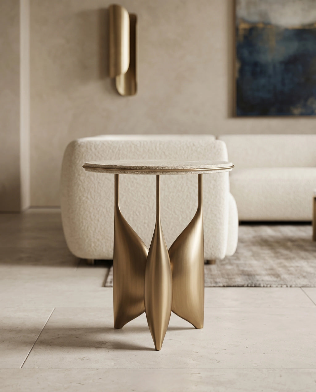 Sculptural Brass & Ivory Shagreen Corner Table Arris Concepts