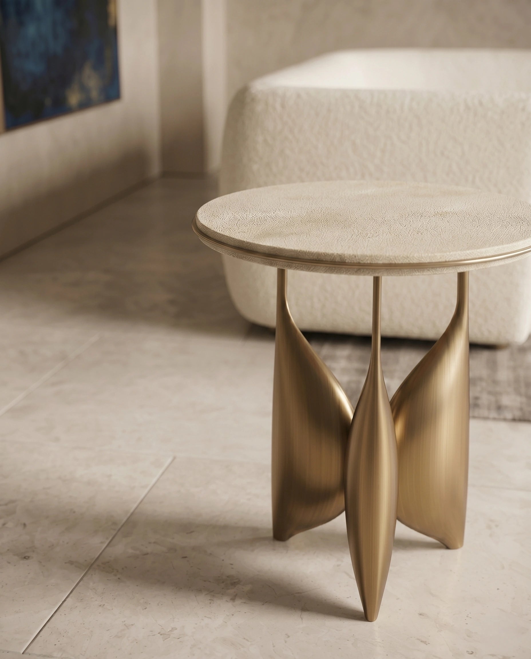Sculptural Brass & Ivory Shagreen Corner Table Arris Concepts