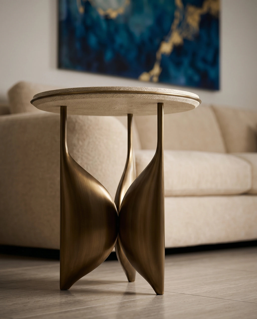 Sculptural Brass & Ivory Shagreen Corner Table Arris Concepts