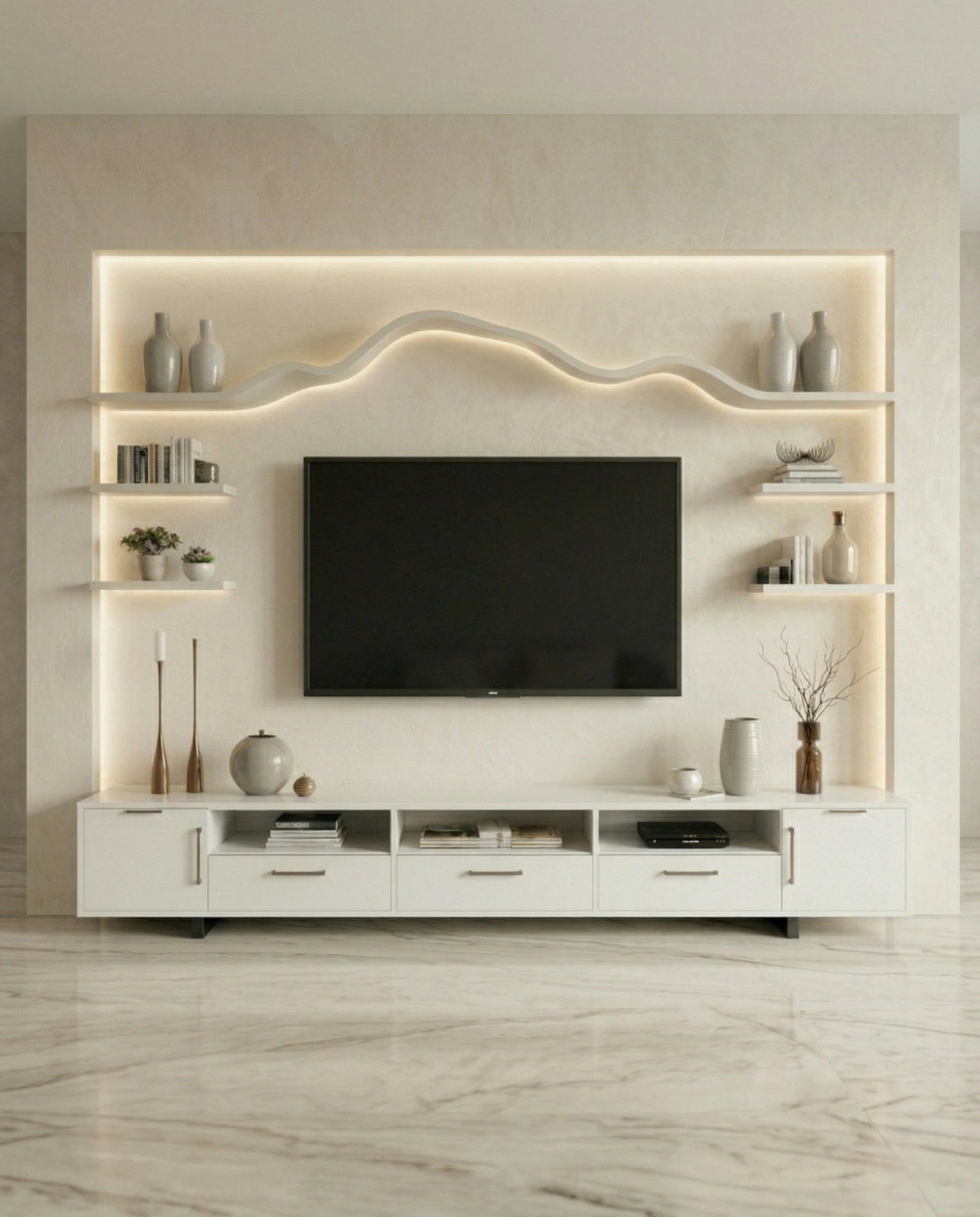 Beautiful premium minimalist white tv ledge crafted by Arris Concepts Luxury Pvt. Ltd.