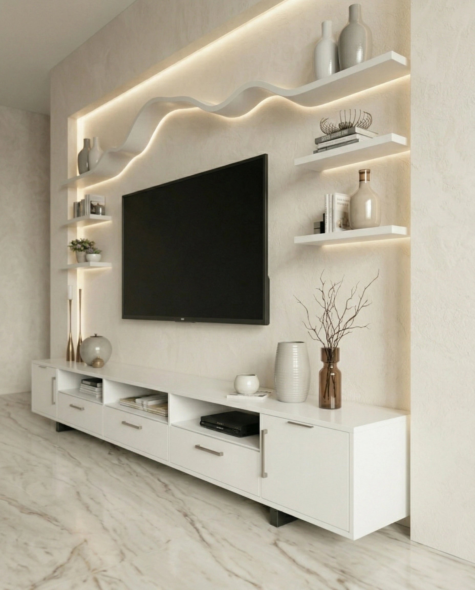 Beautiful premium minimalist white tv ledge crafted by Arris Concepts Luxury Pvt. Ltd.