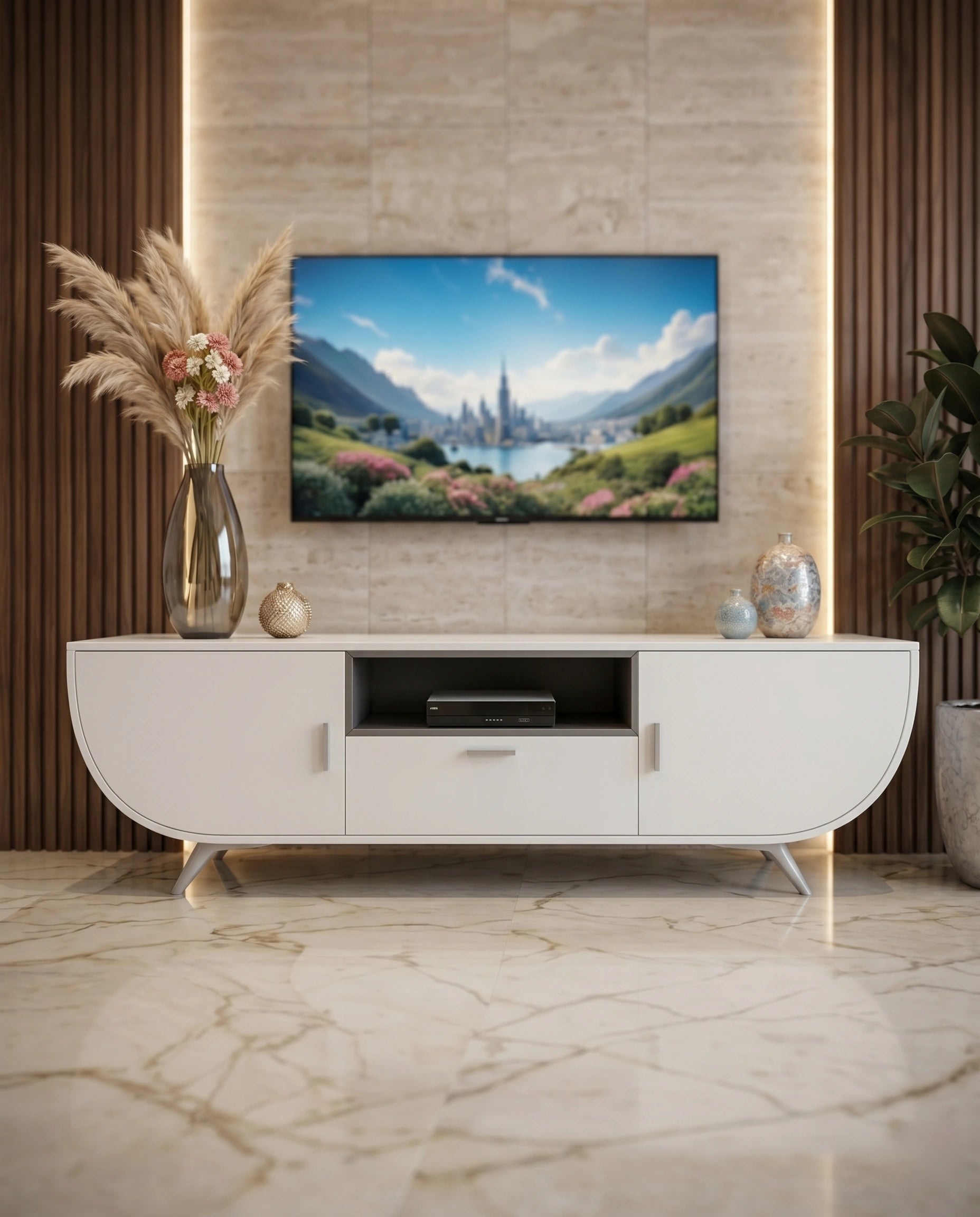 Modern Curved White Capsule TV Ledge & Media Console Arris Concepts