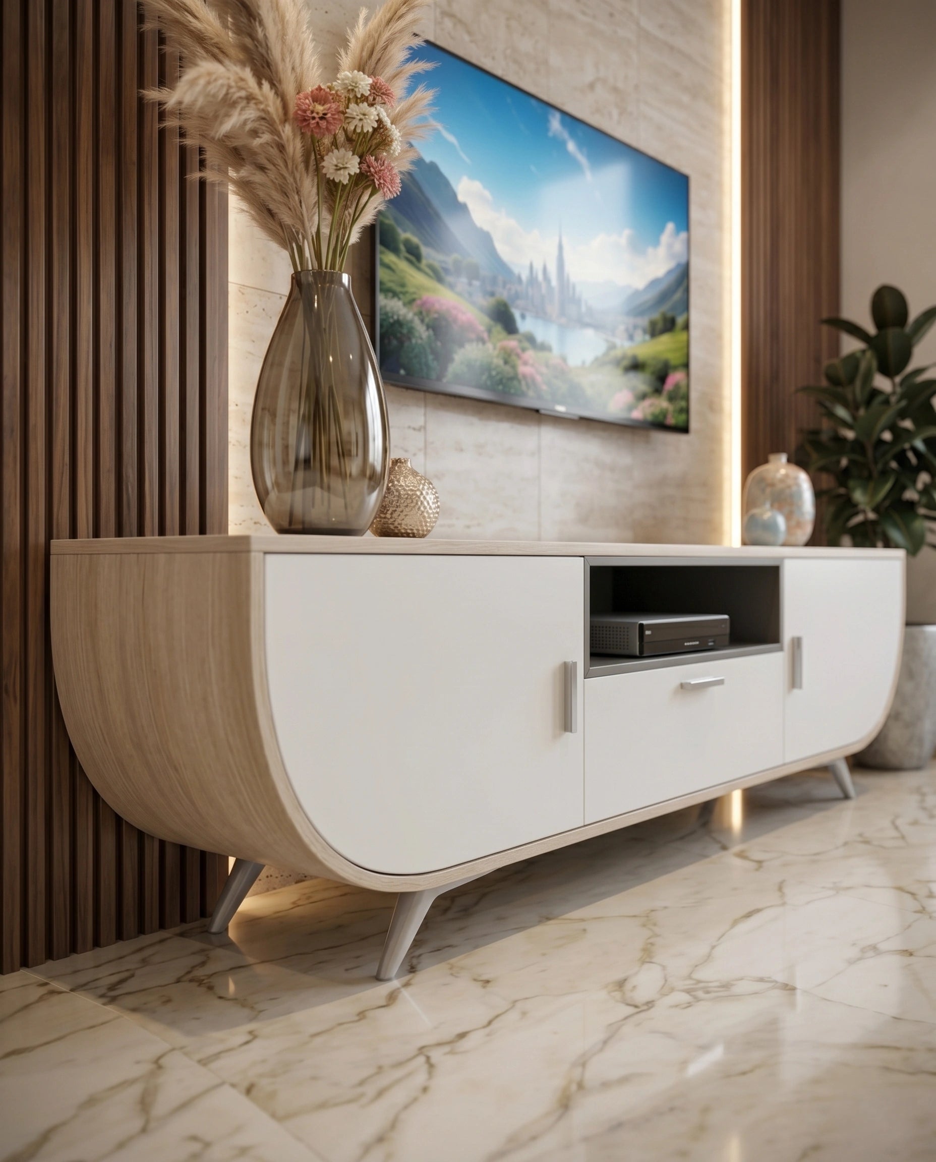 Modern Curved White Capsule TV Ledge & Media Console Arris Concepts