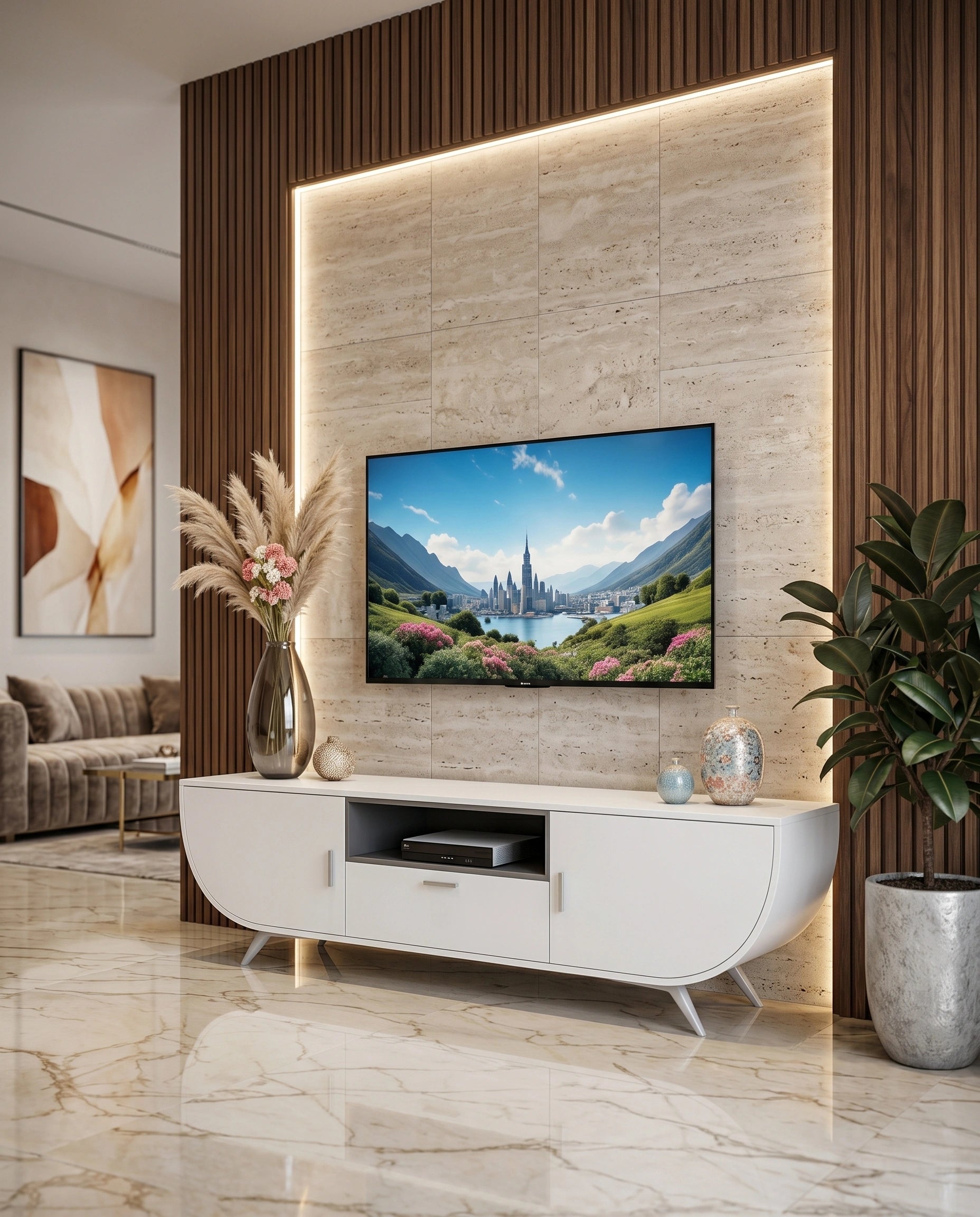 Modern Curved White Capsule TV Ledge & Media Console Arris Concepts