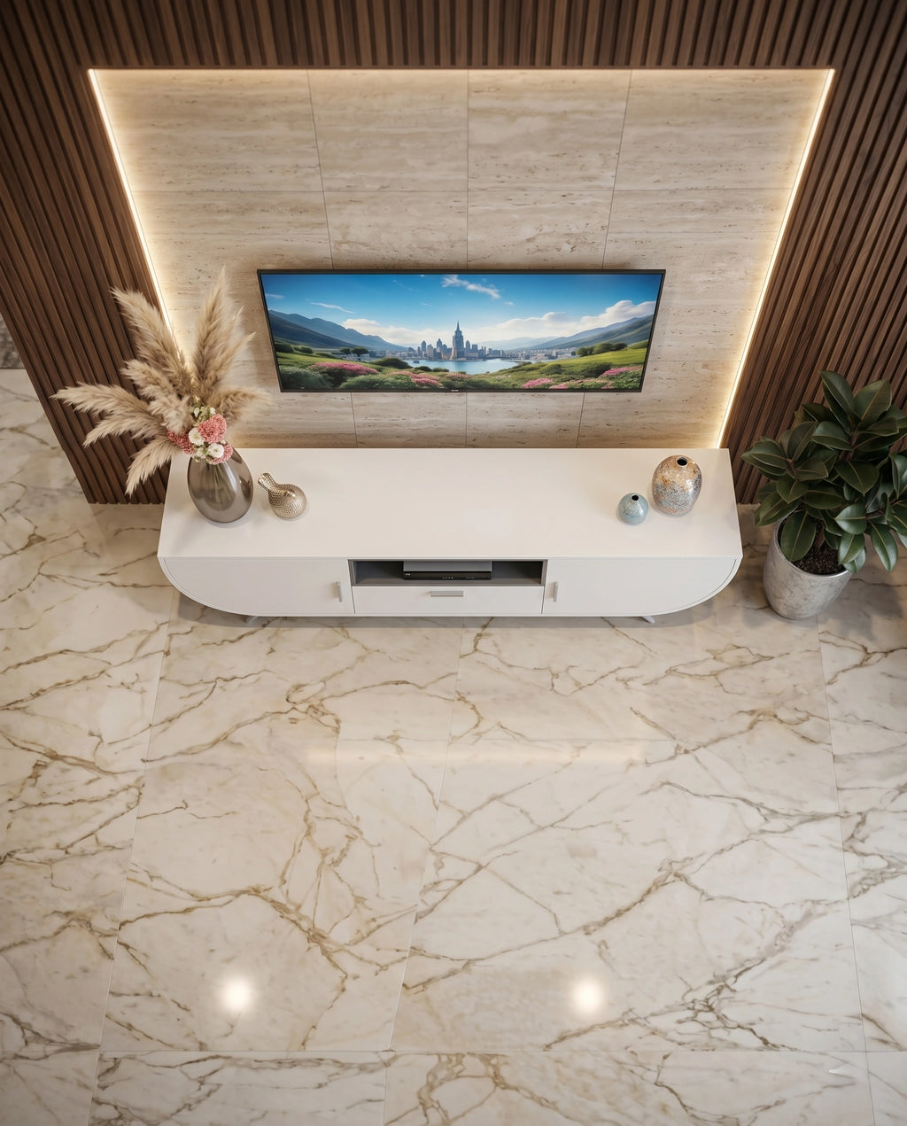 Modern Curved White Capsule TV Ledge & Media Console Arris Concepts