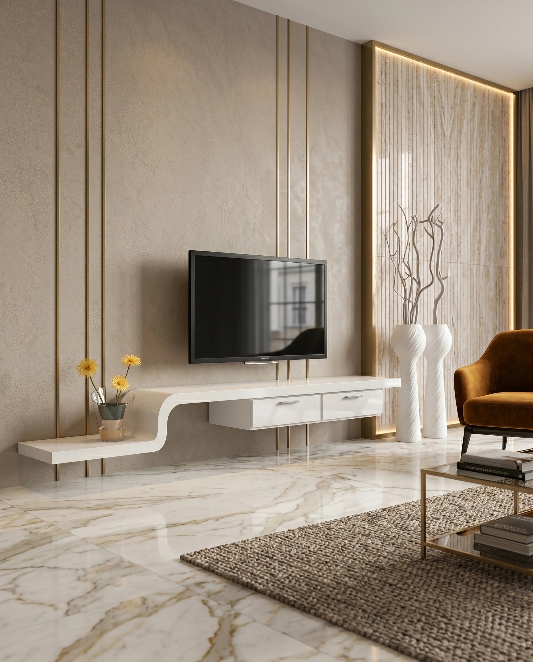 Ultra-Long Minimalist White TV Ledge & Console Arris Concepts