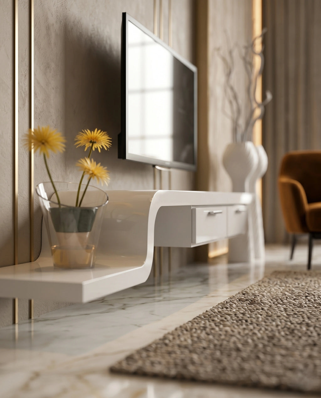 Ultra-Long Minimalist White TV Ledge & Console Arris Concepts
